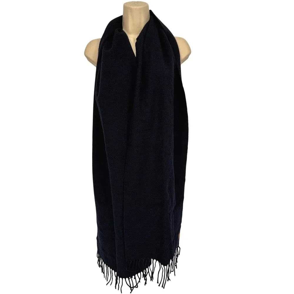 Fjallraven Wool Scarf Fringe Solid Navy Leather Patch Unisex 81 in